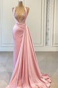 Halter V Neck Sleeveless Long Prom Dress With Beading Pleated