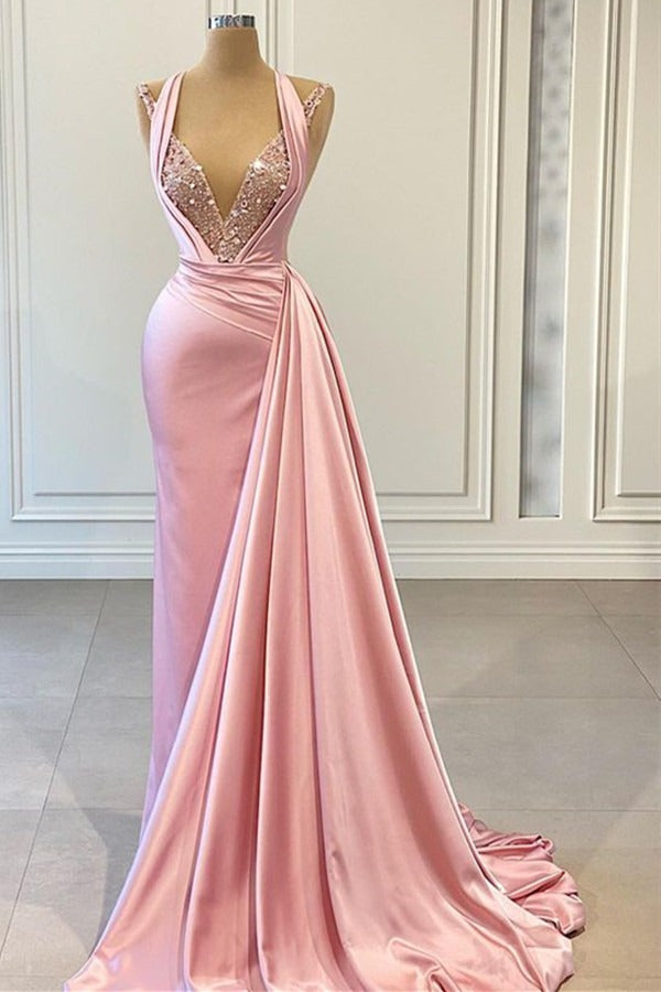 Halter V Neck Sleeveless Long Prom Dress With Beading Pleated