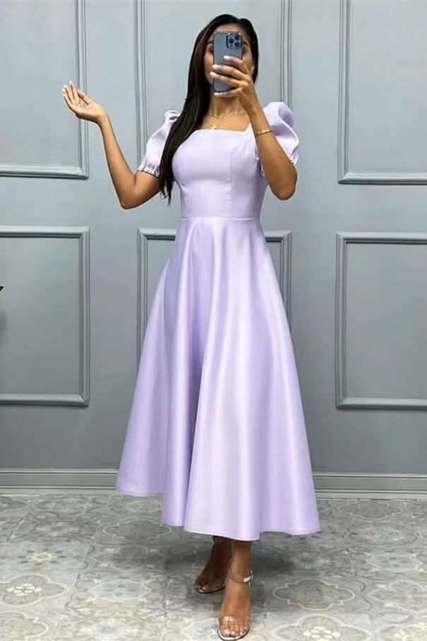Elegant Square A-Line Prom Dress with Short Sleeves BM bride