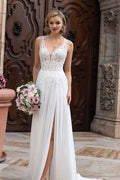 Long A-Line Split V-Neck Wedding Dress with Chiffon Lace BM bride