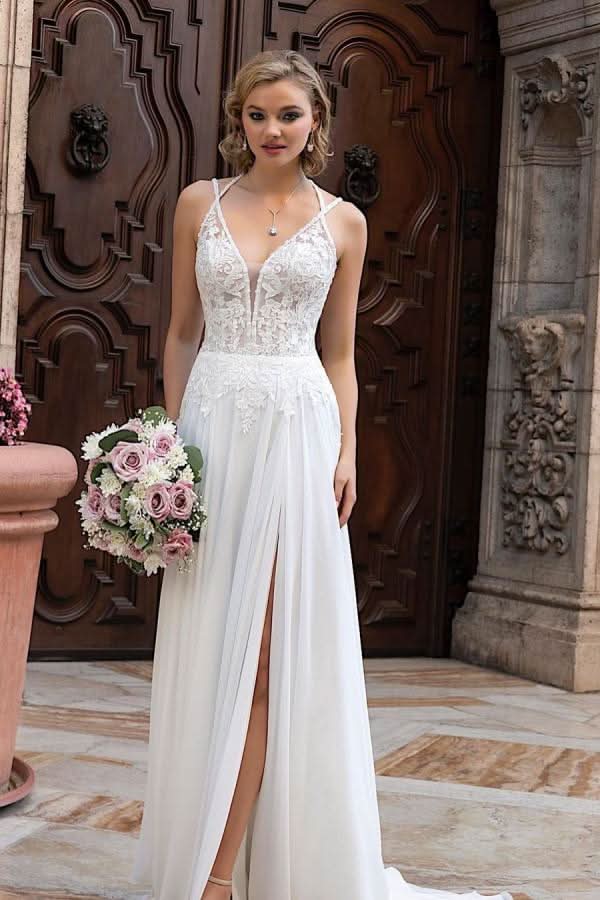 Long A-Line Split V-Neck Wedding Dress with Chiffon Lace BM bride