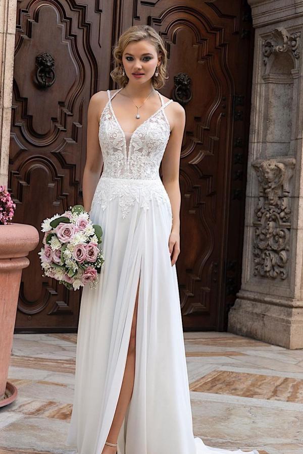 Long A-Line Split V-Neck Wedding Dress with Chiffon Lace BM bride