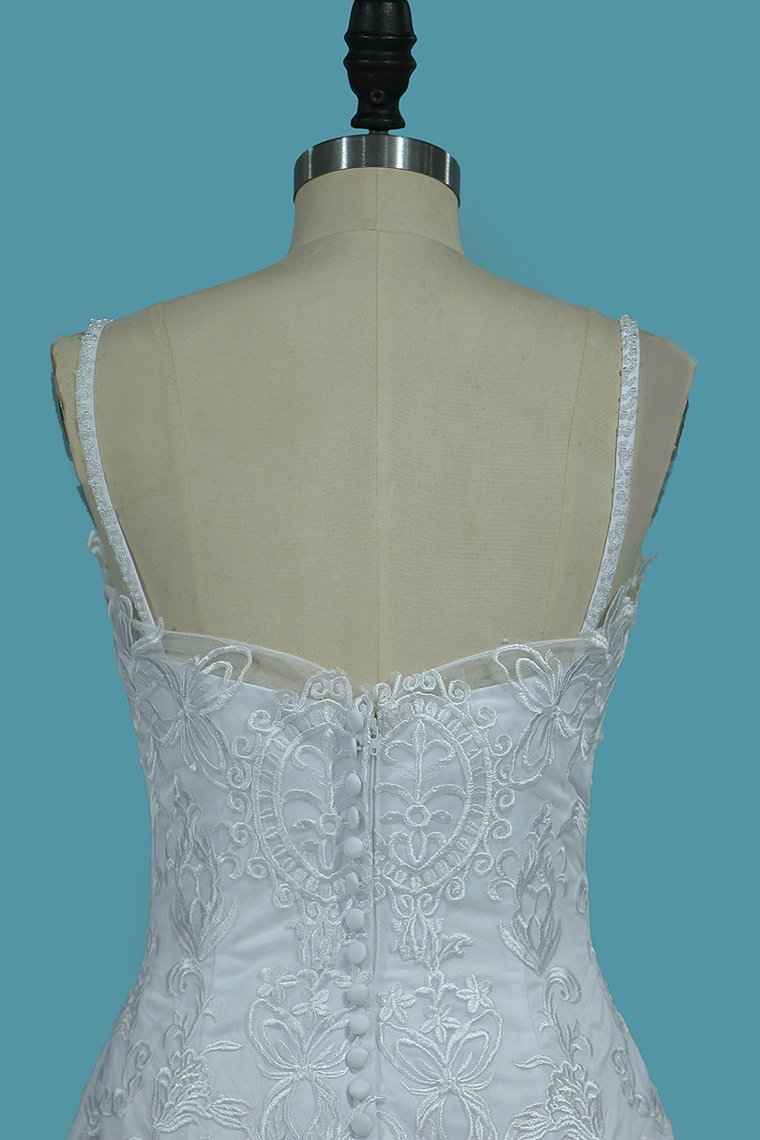 Spaghetti Strap Backless Tulle Mermaid Wedding Dress with Lace Appliques BM bride