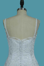 Spaghetti Strap Backless Tulle Mermaid Wedding Dress with Lace Appliques BM bride