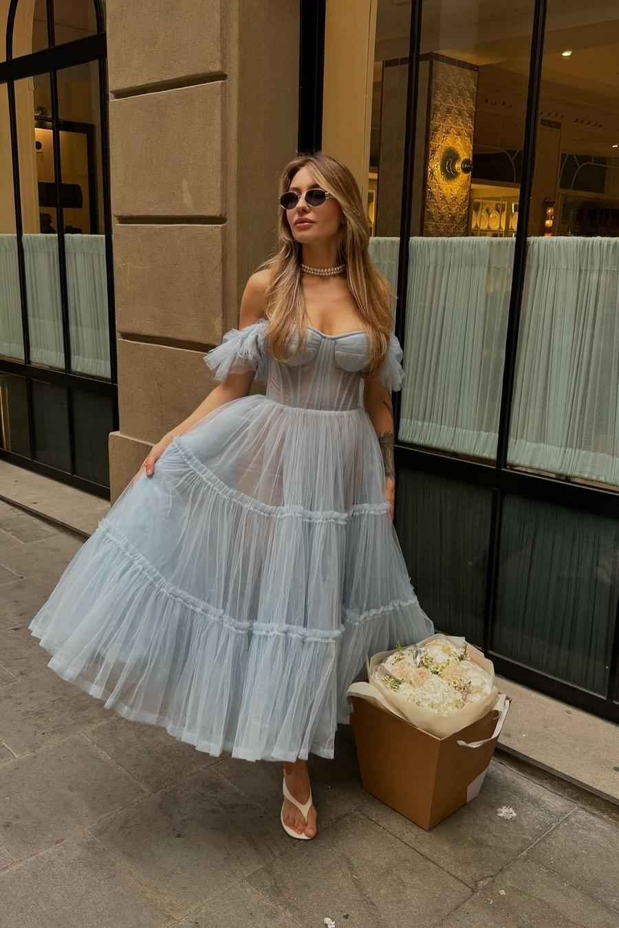 Tulle Off the Shoulder Sweetheart Strapless A Line Long Prom Dress
