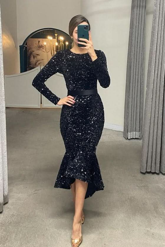 Long Sleeve Sequined Mermaid Prom Dress with Belt BM bride