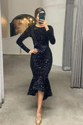 Long Sleeve Sequined Mermaid Prom Dress with Belt BM bride