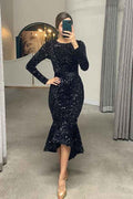 Stunning Black Mermaid Sequins Long Sleeves Prom Dress Online With Belt