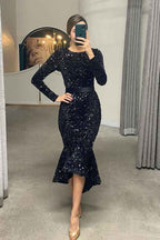 Stunning Black Mermaid Sequins Long Sleeves Prom Dress Online With Belt
