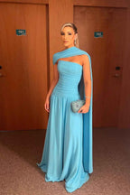 Blue Sleeveless Strapless Long Pleated Prom Dress With Shawl