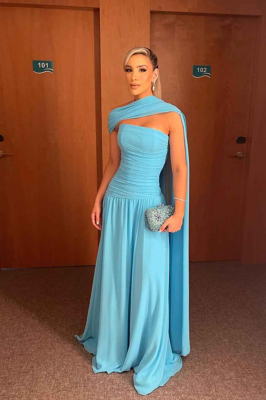 Blue Sleeveless Strapless Long Pleated Prom Dress With Shawl
