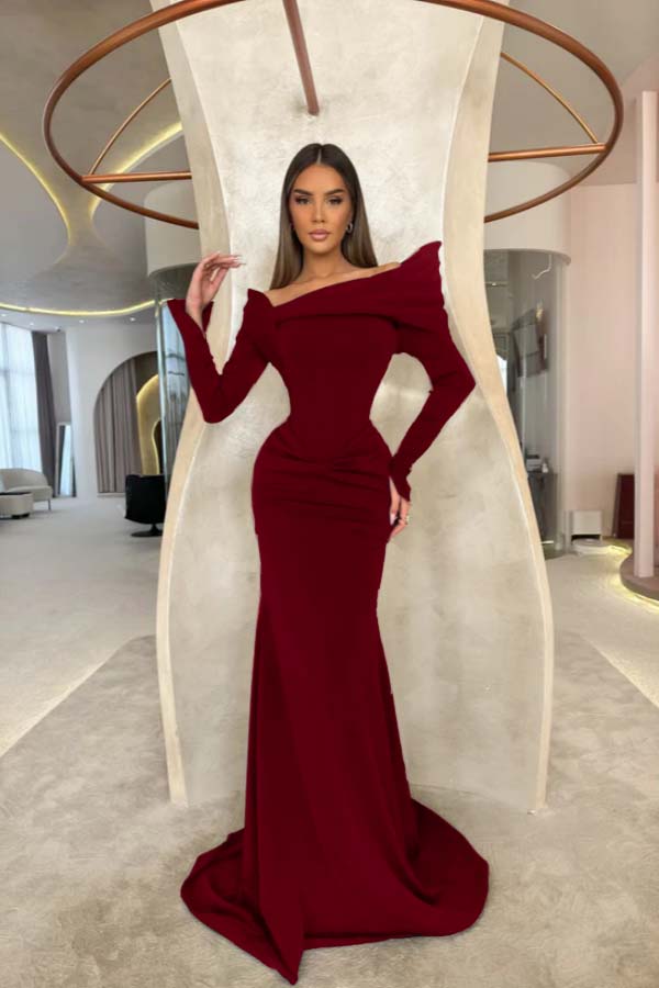 Off the Shoulder Long Sleeves Long Mermaid Prom Dress With Pleated BMBRIDE