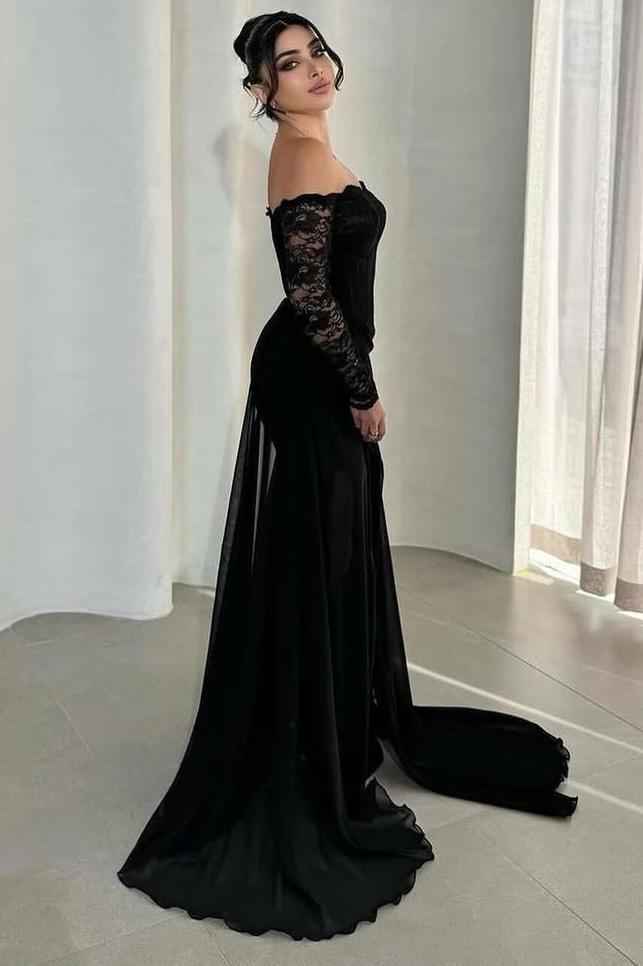 Off the Shoulder Long Sleeves Long Mermaid Prom Dress With Split