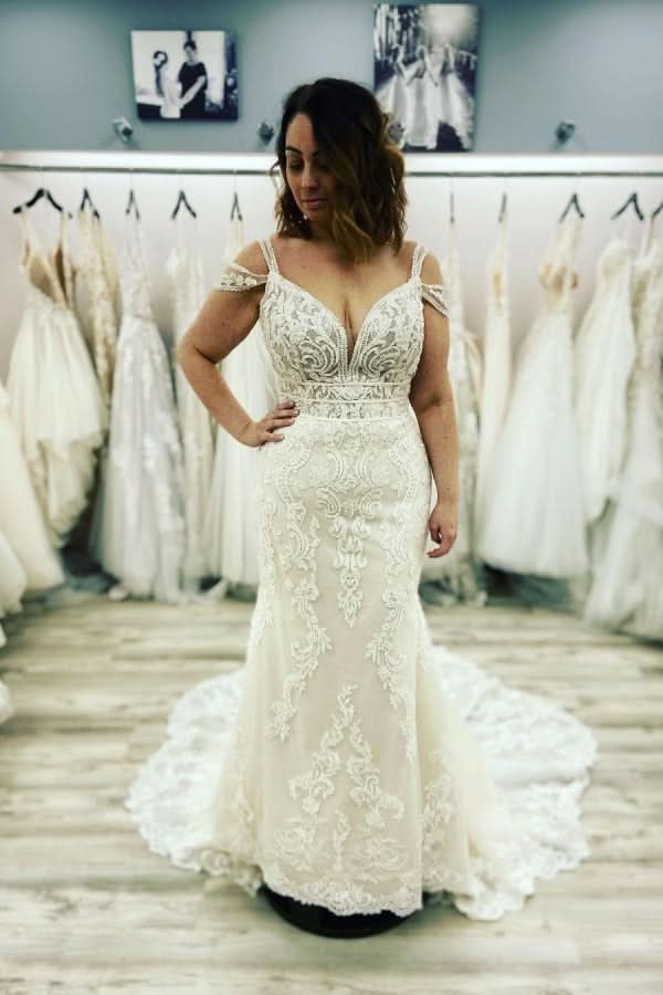 Classy Mermaid Wedding Dress Sweetheart Spaghetti Straps Lace Appliques Floor-length BM bride