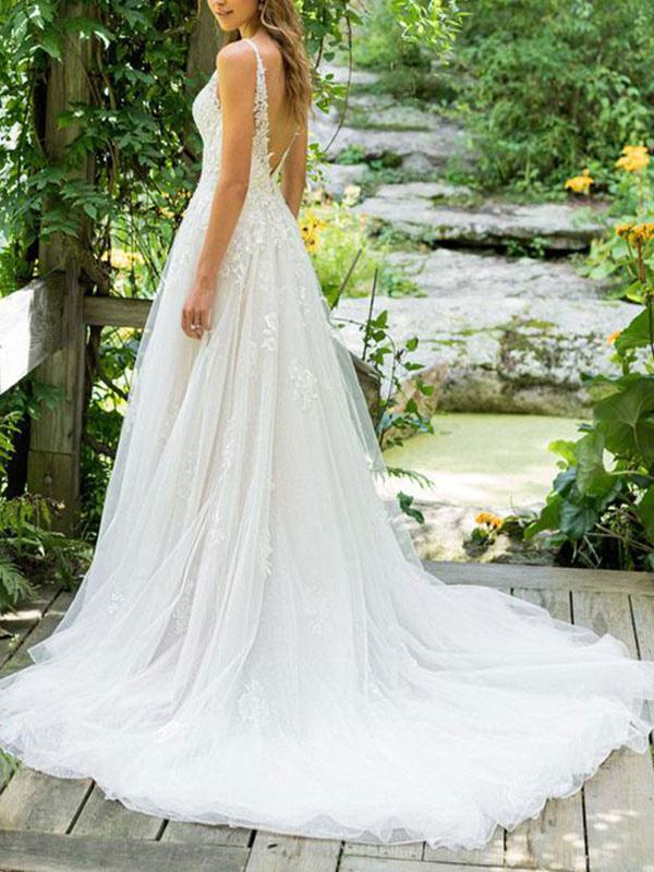 Sleeveless Tulle Lace Beach Wedding Dress BM bride