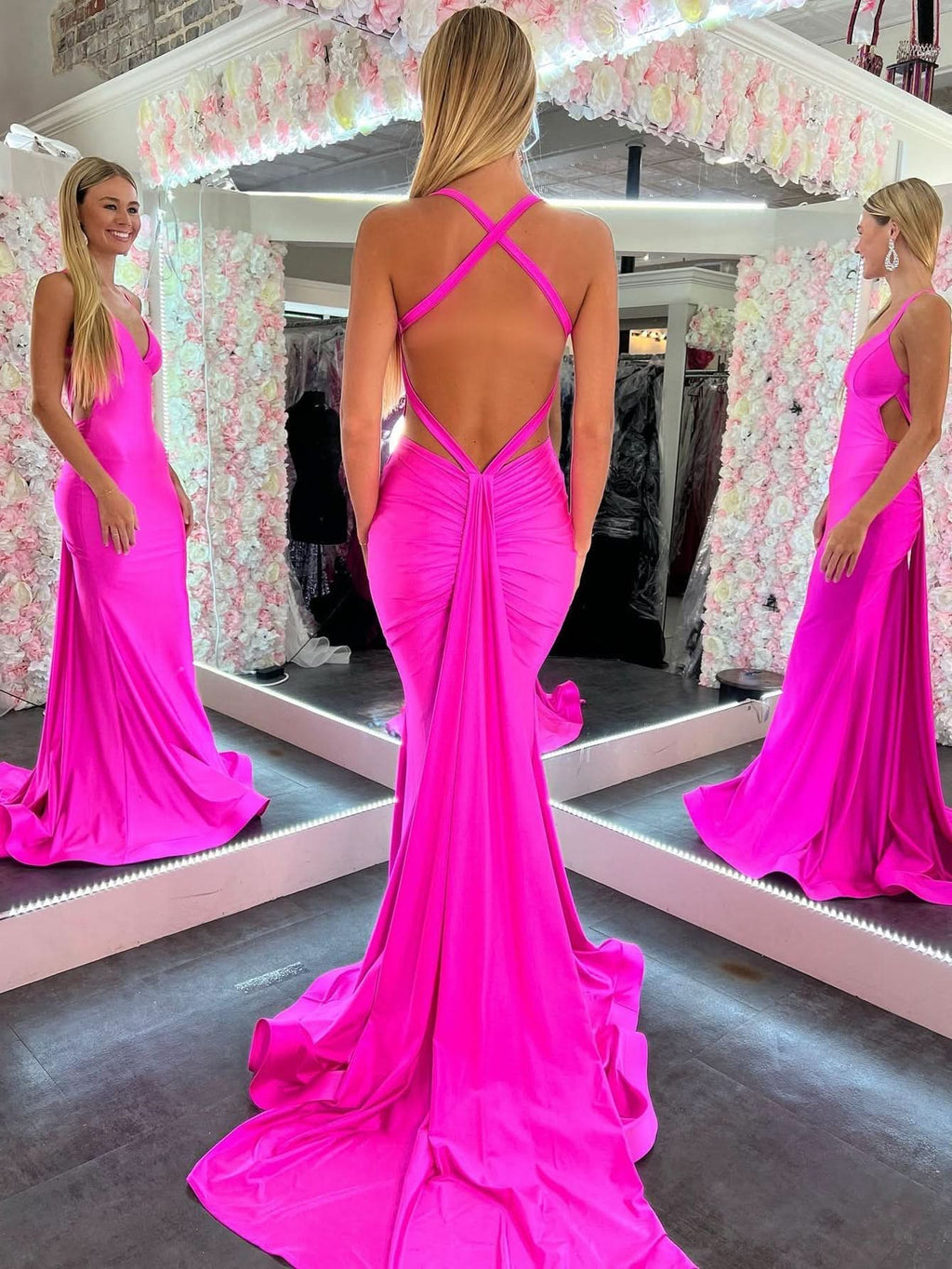 Romantic Mermaid Pink V Neck Backless Satin Long Prom Dress BM bride