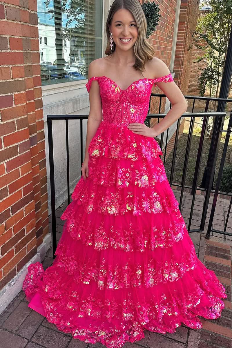 Enchanting Princess Off-the-Shoulder Sequined Lace Prom Dress BM bride