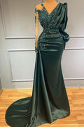 Dark Green V-Neck Long Sleeve Evening Dress with Beading and Lace Appliques BM bride