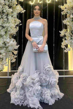 Strapless Sleeveless Long Prom Dress With Flower Pleated Ruffle