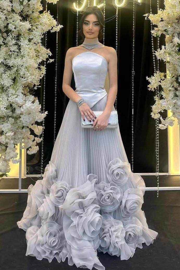 Strapless Sleeveless Long Prom Dress With Flower Pleated Ruffle