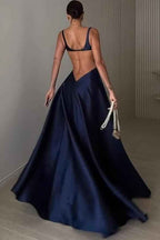 Straps Sleeveless Backless Long A Line Prom Dress With Pleated