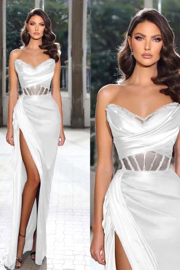 Strapless Sleeveless Long Mermaid Prom Dress With Split Pleated BMBRIDE