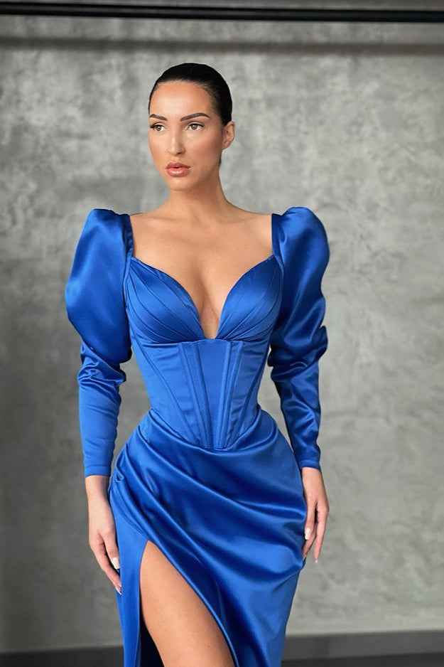 Chic V Neck Long Sleeves Pleated Long Mermaid Prom Dress With High Split