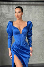 Chic V Neck Long Sleeves Pleated Long Mermaid Prom Dress With High Split