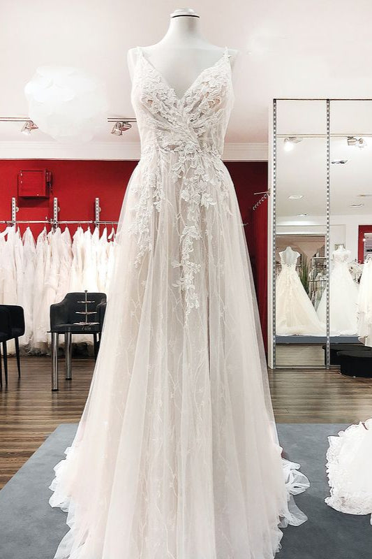 Long A-line Wedding Dress Backless Lace With Tulle V-neck BM bride