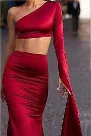 Red Two Pieces One Shoulder Long Sleeve Mermaid Long Prom Dress