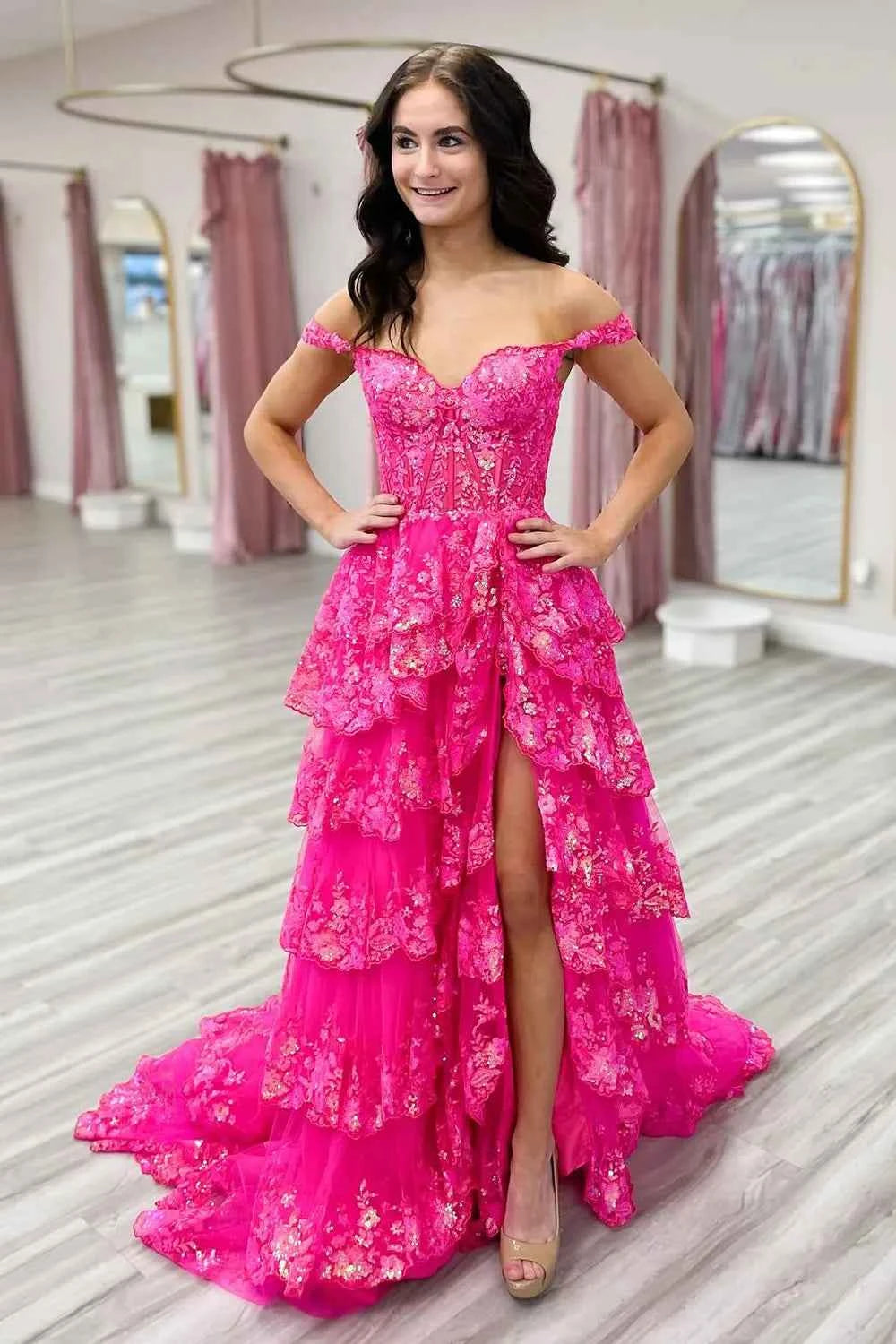 Fuchsia Princess Off the Shoulder Long Tiered Corset Prom Dress with Sequins