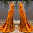 Burnt Orange Long Sleeves Mermaid Prom Dress with Beads BM bride