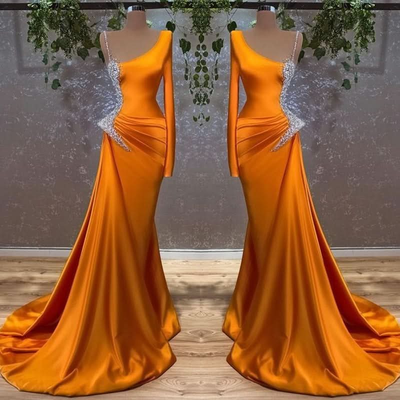 Burnt Orange Long Sleeves Mermaid Prom Dress with Beads BM bride