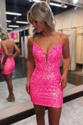 Sparkly Hot Pink Sequins Lace-Up Back Tight Short Homecoming Dress Bmbride