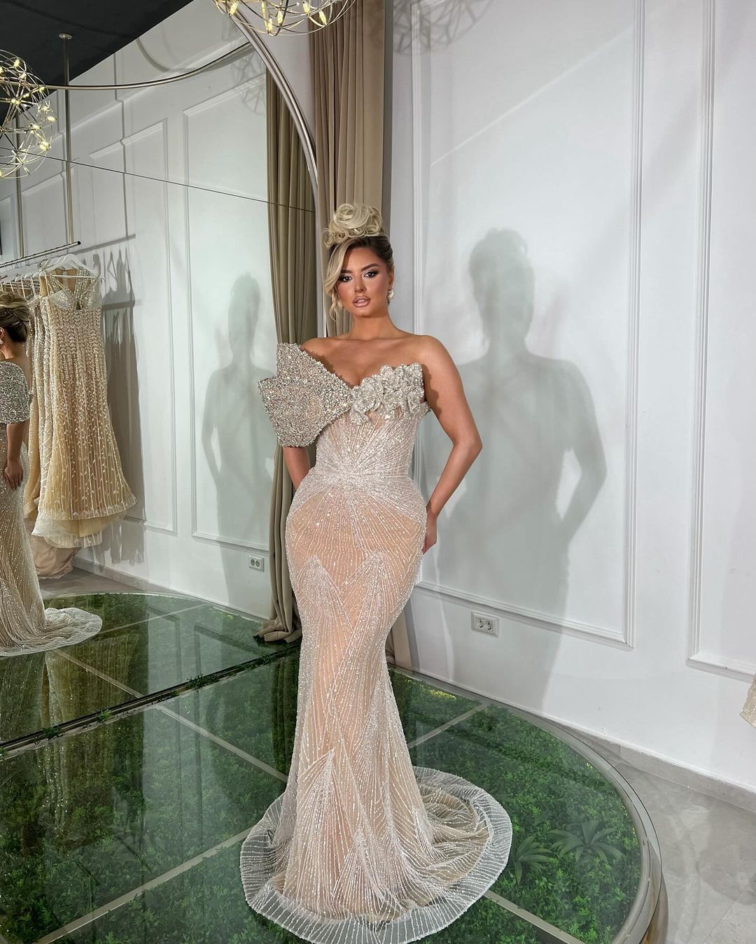 Luxurious Champagne Long Mermaid Evening Dress with Asymmetric Bead Embroidery BM bride