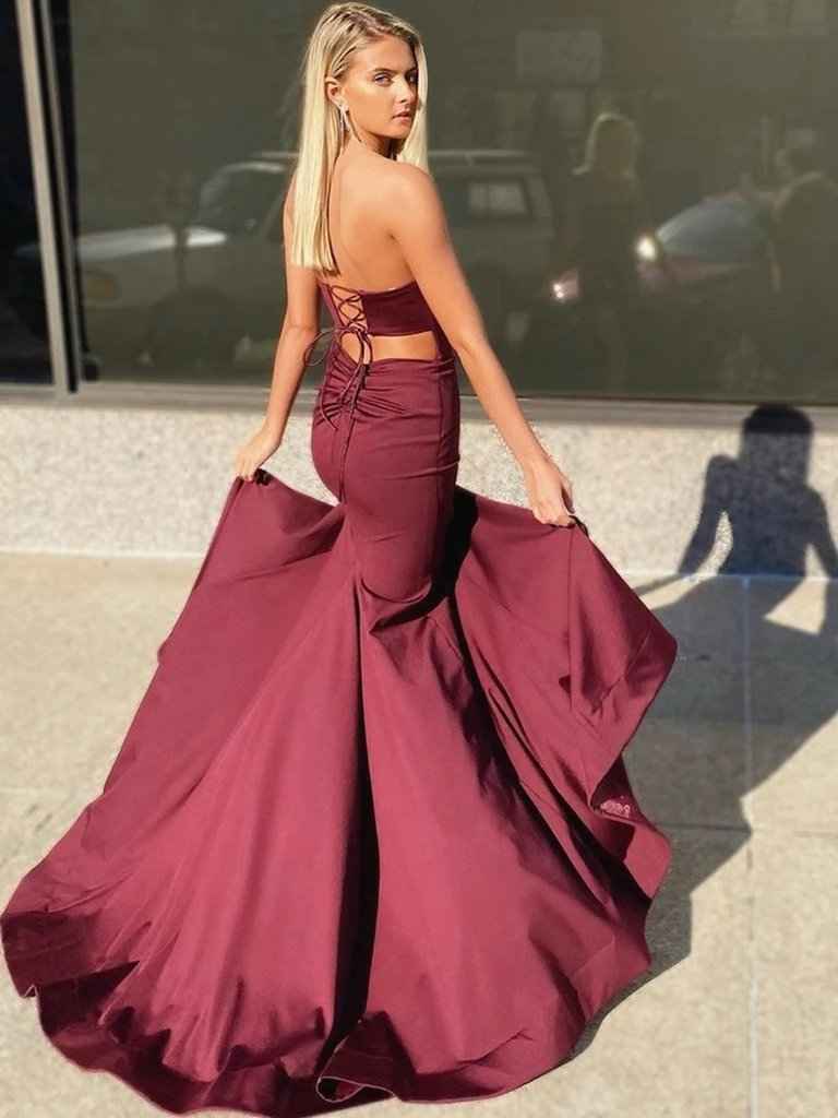 Mermaid Burgundy Strapless Sleeveless Sweetheart Long Prom Dress With Split