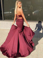 Mermaid Burgundy Strapless Sleeveless Sweetheart Long Prom Dress With Split