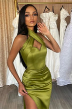 Stunning Green Halter Mermaid Long Prom Dress with Split BM bride