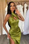 Sexy Halter Green Sleeveless Mermaid Prom Dress Long With Split On Sale