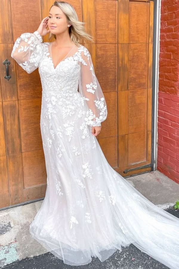 Classy Sheath Train Deep V-Neck Long Sleeve Wedding Dress with Lace Appliques and Tulle BM bride