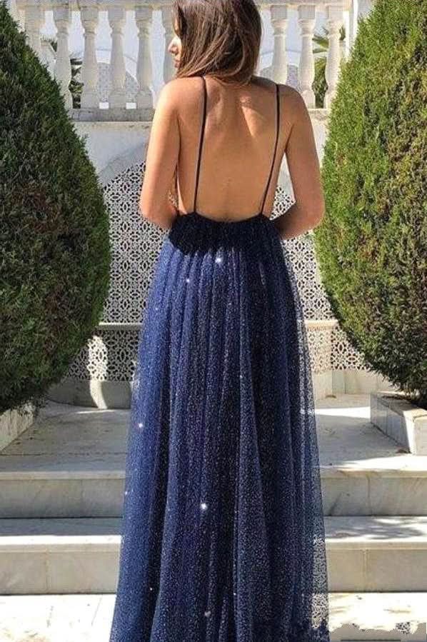 Dark Navy Spaghetti-Straps Sequins Prom Dress BM bride