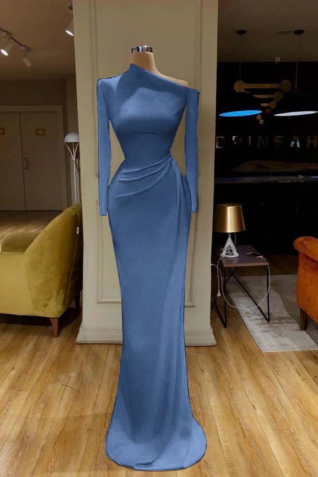 Charming White One Shoulder Mermaid Long Sleeves Prom Dress With Pleated BMBRIDE