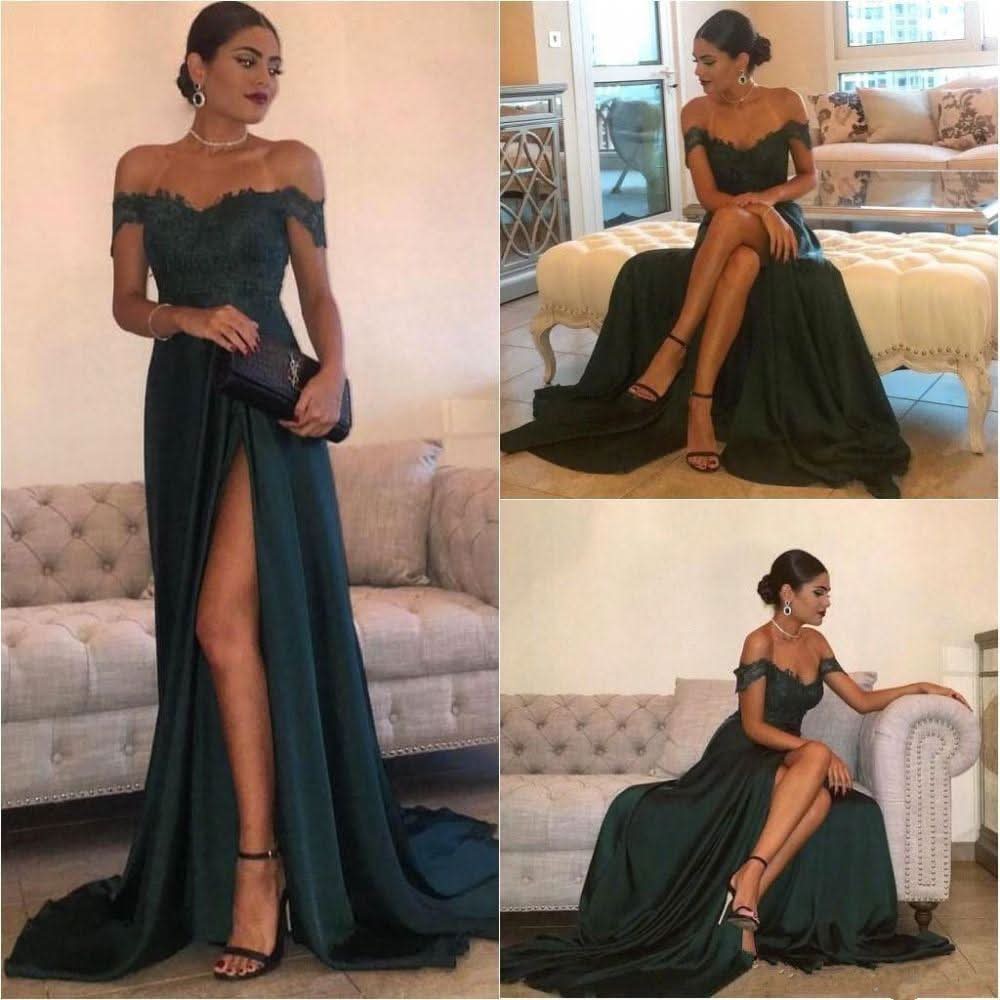 Dark Green Lace Off-the-Shoulder Mermaid Prom Dress BM bride