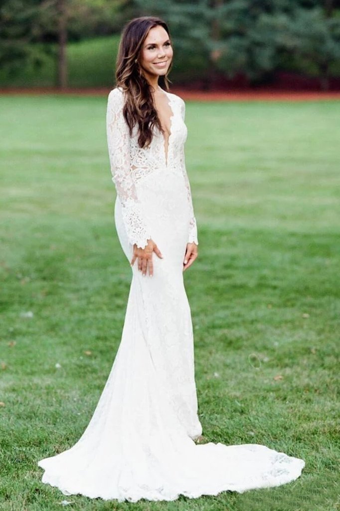 Elegant Mermaid Backless Long Sleeve Lace Bridal Dress with Graceful Appeal BM bride
