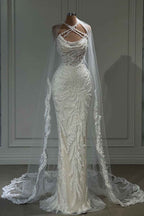 Halter Long White Wedding Dress with Tulle Appliques BM bride