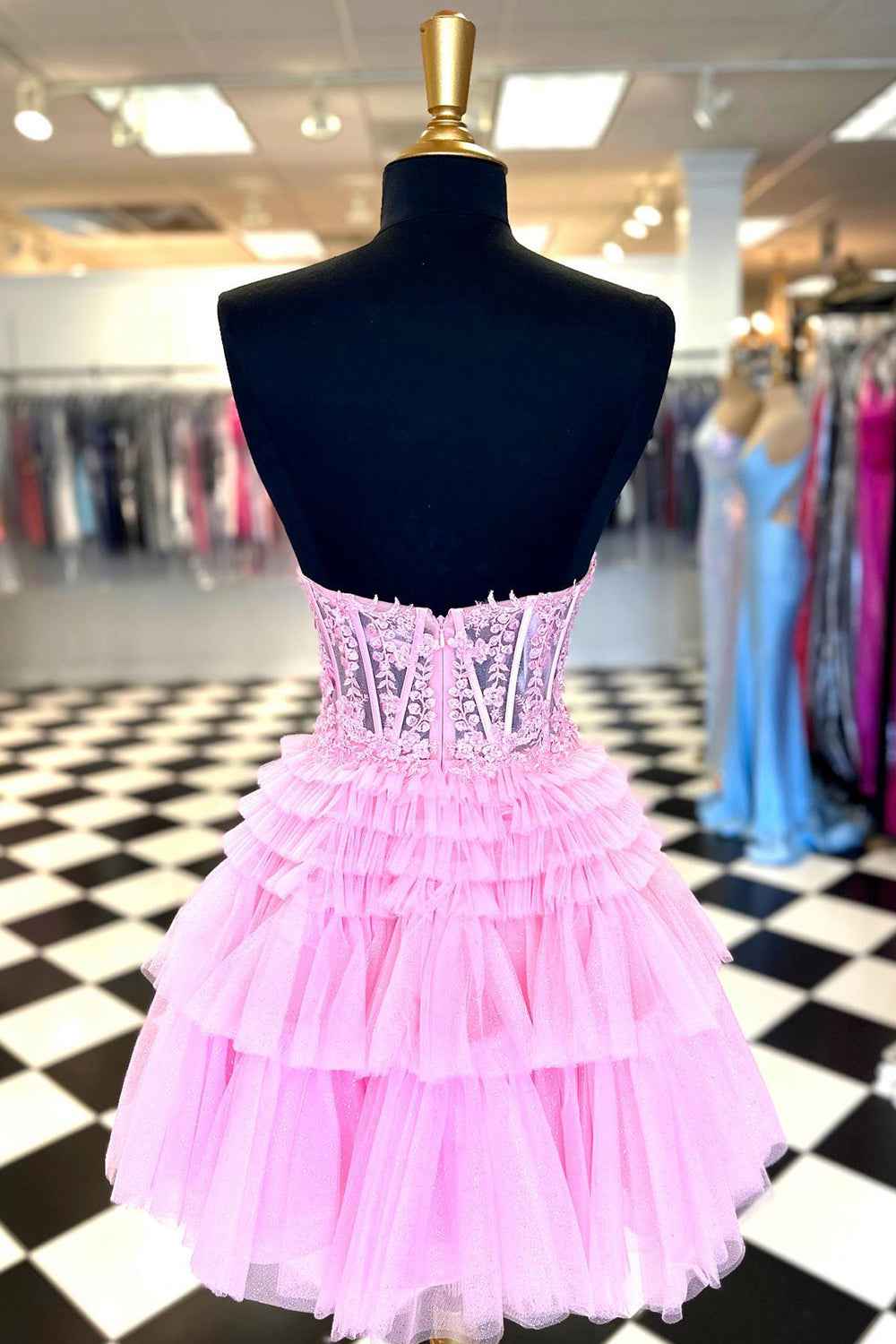 Sparkly Lilac Corset A Line Tiered Short Homecoming Dress with Lace