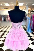 Sparkly Lilac Corset A Line Tiered Short Homecoming Dress with Lace