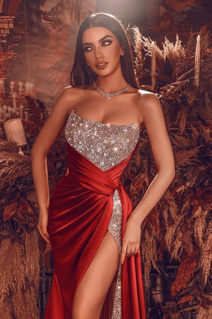 Gorgeous Strapless Mermaid Prom Dress with Sequins and Long Split BM bride