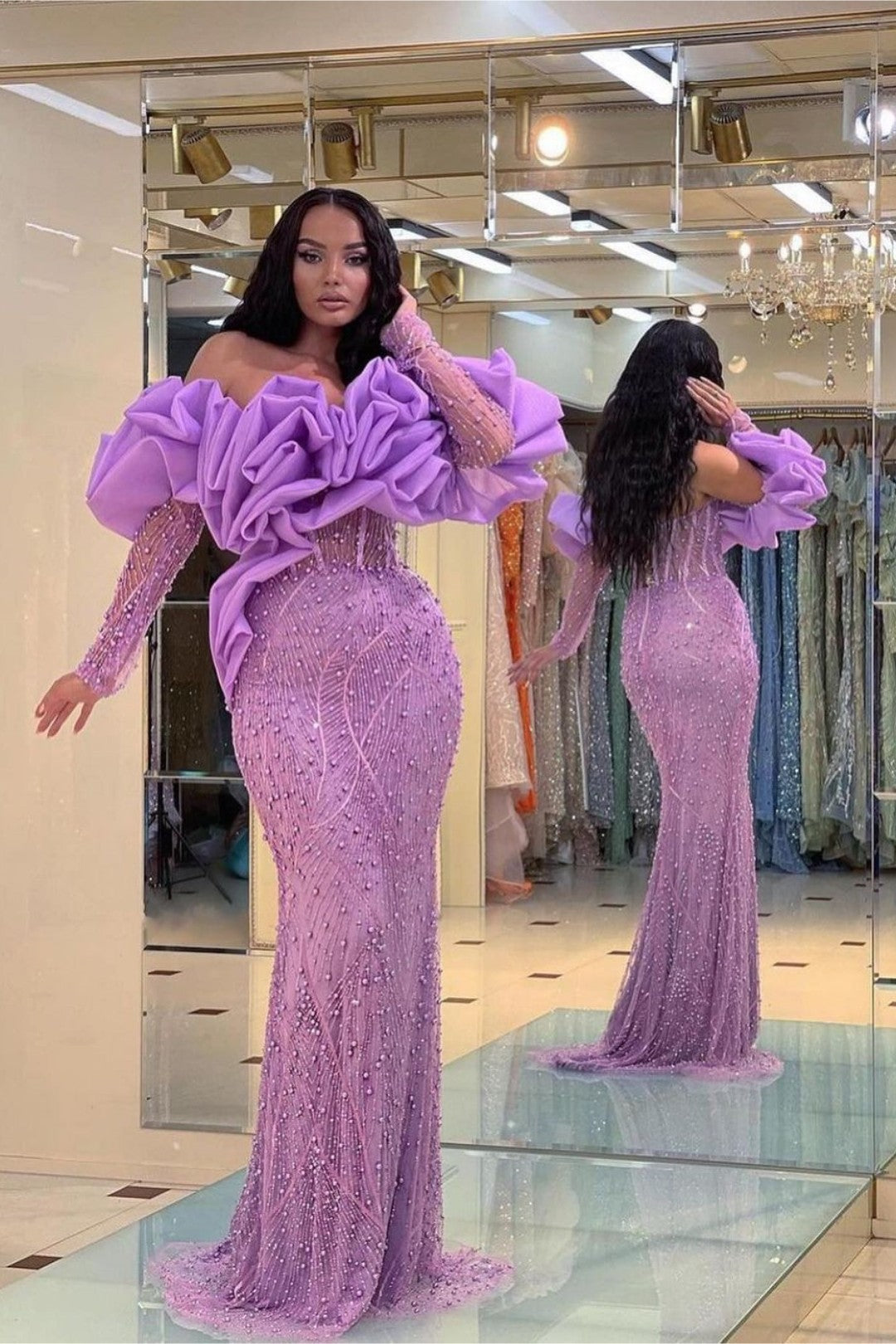 Purple Bubble Sleeves Long Strapless Prom Dress with Sequins and Beadings BM bride