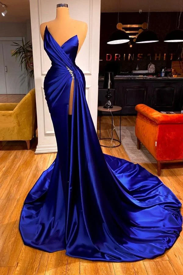 Strapless Sleeveless High Split Long Prom Dress With Beading